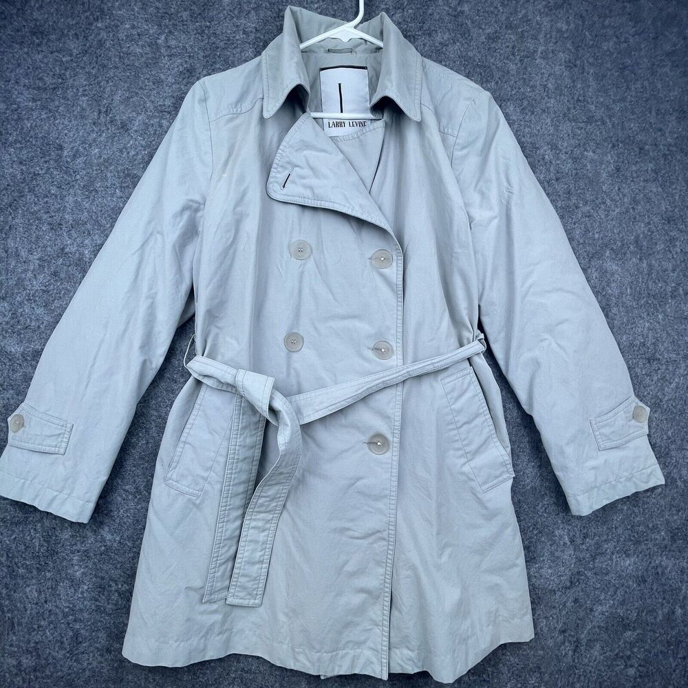 Vintage Larry Levin Trench Coat Womens Medium Grey Belted Double Breasted Belted